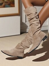 olcso Slouch Boots-női bő, térdig érő, lapos csizma - bézs művelúr retró stílusú, őszi divatos csizma hétköznapi viseletre és kosztümökbe