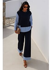 abordables Ensembles chemisiers pour femmes-Femmes Élégant ancien Quotidien Ensembles de Pantalons manche longue Col rond Rayé Patchwork Vacances Travail Occasionnel Bleu Printemps Coupe Ample