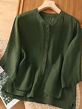 お買い得  シャツ-女性用 コットンリネンシャツ 純色 ベーシック カジュアル 七分袖 クルーネック レギュラートップス 日常 ポケット ボタン ホワイト ワイン グリーン カーキ色 夏 春 秋