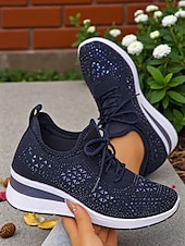 abordables Baskets femme-Baskets compensées Flyknit roses pour femmes avec détails en strass – Chaussures de sport légères et respirantes pour une tenue décontractée et la marche