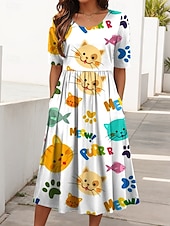 abordables Los animales se visten-Mujer Vestido Midi Vestido de verano Vestido plisado Vacaciones Casual Festivos Ajuste regular Graphic Animal Gato Media Manga Cuello Barco Negro Blanco Marrón Verano Primavera