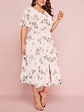 ieftine Rochii-Pentru femei Mărime Plus Rochie casual Floral În V Manșon scurt Vară Primăvară Elegant Modă Modern Casual Rochii Midi Zilnic Concediu Rochie