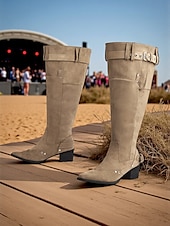 abordables Cowboy et bottes occidentales-Bottes de cowboy en daim souples pour femmes - Bottes mi-mollet à boucle western avec talon bas, chaussures d&#039;équitation décontractées pour l&#039;extérieur et les festivals de musique