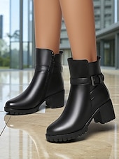 baratos Botas de tornozelo-Botas femininas de couro preto - botas de inverno de salto médio com forro de pele quente, zíper lateral e fivela para clima frio, trabalho &amp;roupas para atividades ao ar livre