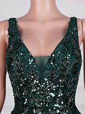 economico Abiti Corti &amp; Mini-Abito da sera a sirena  tromba Elegante abito cocktail per il rientro a casa con strascico  traino spazzola senza maniche colletto a V in pizzo con applicazioni di paillettes