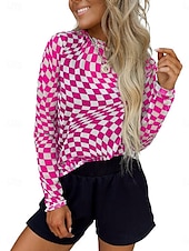 preiswerte Damen Streifen- und geometrische Oberteile-Damen Bluse Karomuster Stilvoll Lässig Langarm Rundhalsausschnitt Normale Oberteile Täglich Druck Schwarz Rosa Aprikose Sommer Frühling Herbst