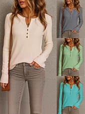 abordables Hauts Unis pour Femmes-Femmes Chemisier Uni Élégant Moderne manche longue Col en V Hauts Réguliers Quotidien Fête Boutons Vert Claire Bleu Beige Gris Été Printemps Automne