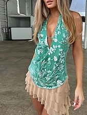 billige Sexy topper for kvinner-Dame Bluse Blomsternål i krystall Stilfull Moderne Ermeløs V-hals Vanlige topper Daglig Ut på byen Trykt mønster Åpen rygg Brun Grønn Sommer
