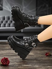 abordables Pour les femmes-Bottines à plateforme pour femmes à imprimé chauve-souris d&#039;Halloween – Bottines de combat à talons épais et lacets de style gothique punk pour fêtes, cosplay et soirées