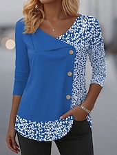 economico T-shirt floreale-Per donna Maglietta Floreale Grafico Moda Elegante Casual Manica Lunga Girocollo Scollo a V Top Regolari Quotidiano Patchwork Bottoni Stampato Rosso Blu Viola Verde Primavera Autunno Inverno