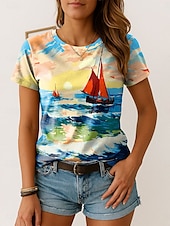 billige Kunst &amp; Design t-skjorte-Dame T skjorte Nyanse Grafisk Årgang Stilfull Klassisk Kortermet Crew-hals Vanlige topper Daglig Helg Trykt mønster Gul Blå Lilla Sommer Vår