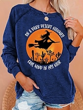 billige Kunst og design topper-Dame Genser med genser Grafisk Halloween Mote Fritid Langermet Crew-hals Rund hals Vanlige topper Avslappet Trykt mønster Hvit Lysegrønn Vin Blå Lysegrå Høst Vinter