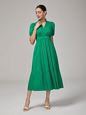 billiga Blommiga klänningar-Dam Vardagsklänning Grön Kort ärm Slät Puffärm Sommar Vår Höst V-hals Drottning Anne Elegant Modern XS S M