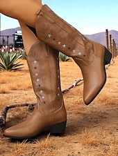 cheap Cowboy &amp; Western Boots-Women&#039;s Brown Western Cowboy Boots with Star Embroidery - Comfortable Block Heel Ankle Boots for Country Music Festivals, Outdoor Events, and Everyday Wear