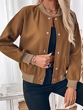 billiga Trenchcoats-Dam Vardaglig jacka Varsity jacka Bekväm Andningsfunktion Ficka Knappar Mode Modern Ledigt Färgblock Utekväll Helgen Enkelknäppt Normal Hög krage Normal Långärmad Ytterkläder Brun Höst Vinter