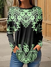 olcso Boho póló-Női Póló Grafika Törzsi Szüret Divat Stílusos Hosszú ujj Terített nyak Kerek Normál felsők Hétvége Nyomtatott Fehér Arcpír rózsaszín Medence Lóhere Tavasz Ősz