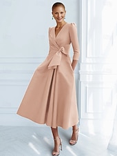 preiswerte Cocktailkleider-A-Linie Cocktailkleider Elegantes Kleid Formal Knöchellang 3/4-Ärmel V-Ausschnitt Tasche mit Schleife(n) Rüschendresses