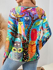 abordables T-shirt Animaux-Femmes T-shirt Graphique Chouette Élégant ancien Classique manche longue Col en V Hauts Réguliers Quotidien Week-end Fermeture éclair Imprimé Rose Claire Bleu Orange Vert Printemps Automne