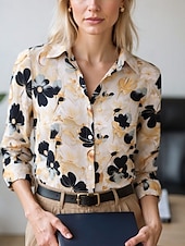 preiswerte Damen Kunst- und Design-Oberteile-Damen Bluse Elegante Oberteile Chiffon Tops Blumen Farbblock Elegant Täglich Stilvoll Langarm Hemdkragen Normale Oberteile Arbeit Täglich Knöpfe Druck Gelb Rosa Rote Braun Beige Frühling, Herbst