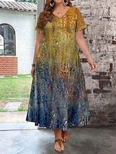 preiswerte Kleider-Damen Übergröße Freizeitkleid Ombre V Ausschnitt Kurzarm Sommer Frühling Mode Modern Lässig Maxikleid Ferien Wochenende Kleid