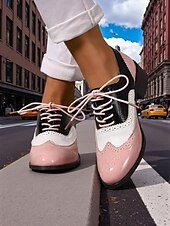 abordables Années 1950-Richelieus Oxford en cuir verni jaune pour femme – Chaussures habillées à lacets et bout golf colorblock, style vintage britannique des années 1950 pour le bureau, l&#039;école et le streetwear