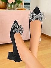 voordelige Pumps met blokhak-Blauwe fluwelen pumps met blokhak en strass-strik voor dames - elegante vintage pumps met vierkante neus voor avondfeesten, bruiloften en formele gelegenheden