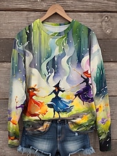 economico Arte &amp; Design Tops-Per donna Felpe Grafico Strega Casual Manica Lunga Girocollo Top Regolari Streetwear Stampato Arancione Verde Autunno Inverno