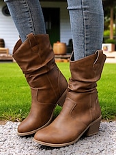 levne Slouch Boots-Dámské hnědé volné kozačky do půli lýtek s úzkým podpatkem – boty z umělé kůže ve vintage westernovém stylu na venkovské outfity, návštěvy farem a podzimní festivaly