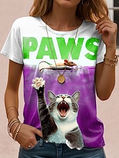 cheap Animals tee-Women&#039;s T Shirt Graphic Cat Letter Vintage Stylish Classic Short Sleeve Crew Neck Regular Tops Daily Weekend Print Blue Purple Green Khaki Summer Spring