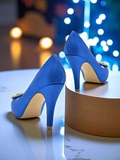 クリスタルバックル付きレディースサテンピープトゥパンプス - カクテルパーティーや夜のイベントに最適な、クラシックな女性用ハイヒールドレスシューズ お買い得  カクテル-クリスタルバックル付きレディースサテンピープトゥパンプス - カクテルパーティーや夜のイベントに最適な、クラシックな女性用ハイヒールドレスシューズ