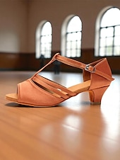 economico Scarpe per balli latini-Scarpe da ballo latino in raso nero da donna - tacchi a spillo con cinturino a T per principianti e professionisti, ideali per salsa, rumba e sessioni di pratica