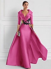 abordables ROUGE-Robe de soirée vintage A-line rouge robe élégante en tuxedo longueur au sol manches 3/4 col de chemise en satin avec appliques