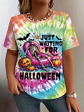 abordables Hauts d&amp;#39;Halloween-T-shirt grande taille pour femme, imprimé graphique, manches courtes, col ras du cou, décontracté, quotidien, polyester, automne, jaune, rose