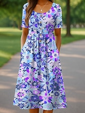 tanie kwiatowa sukienka-Damskie Sukienka midi Codzienne sukienki Sukienka letnia Sukienka A line Letnie sukienki Urlop Codzienny Styl plażowy Święto Regularny Kwiaty Graficzny Krótki rękaw Półgolf Rumiany róż Niebieski