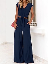 Mulheres Moda Roupa de rua Diário Conjuntos de calças Manga Curta Decote V Côr Sólida Cordões Casual Diário Preto Azul Marinho Escuro Azul Marinha Verão Normal baratos Blusas femininas-Mulheres Moda Roupa de rua Diário Conjuntos de calças Manga Curta Decote V Côr Sólida Cordões Casual Diário Preto Azul Marinho Escuro Azul Marinha Verão Normal