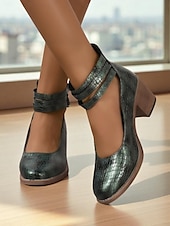 baratos Block Heels-Sapatos femininos verdes de couro sintético com estampa de crocodilo e tira no tornozelo, salto grosso - sapatos Mary Jane retrô confortáveis para caminhar, para o escritório, roupas do dia a dia e