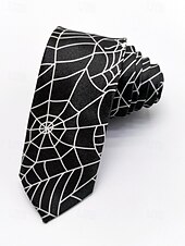economico Accessori di Halloween-Cravatta da uomo con stampa ragnatela di Halloween – cravatta sottile in raso bianco e nero, elegante accessorio per feste, cosplay, eventi formali e abiti da ufficio per Halloween