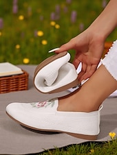 preiswerte Damenhausschuhe und -halbschuhe-Barfußschuhe für Damen mit breiter Zehenpartie – Flyknit-Ballerinas mit Blumenstickerei für Picknicks, Gartenspaziergänge und Sommerausflüge