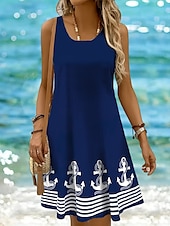 billige Stripete og geometriske kjoler-Dame Mini kjole Solkjole Kjole med A-linje Off The Shoulder-kjole Ferie Fritid Bohem Ferie Strand Normal Grafisk Geometrisk Stripe Ermeløs Crew-hals Øsehals Svart Hvit Gul Rosa Sommer Vår