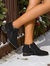 abordables Bottines-Bottines rouges en simili-suède pour femme – bottines à talon bas avec nœud latéral pour les tenues d&#039;hiver, les fêtes de Noël et les achats décontractés
