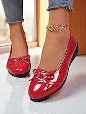 baratos Sapatilhas e Mocassins de mulher-sapatilhas femininas de couro envernizado vermelho com laço - sapatos sociais clássicos de bico redondo e sem cadarço para adolescentes e mulheres, ideais para a escola, trabalho e roupas casuais do