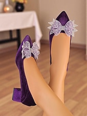 voordelige Pumps met blokhak-Blauwe fluwelen pumps met blokhak en strass-strik voor dames - elegante vintage pumps met vierkante neus voor avondfeesten, bruiloften en formele gelegenheden