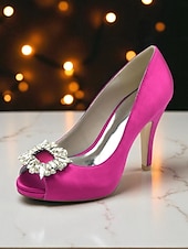 クリスタルバックル付きレディースサテンピープトゥパンプス - カクテルパーティーや夜のイベントに最適な、クラシックな女性用ハイヒールドレスシューズ お買い得  カクテル-クリスタルバックル付きレディースサテンピープトゥパンプス - カクテルパーティーや夜のイベントに最適な、クラシックな女性用ハイヒールドレスシューズ