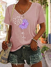 abordables T-shirt floral-Femmes T-shirt Fleuri Graphique Lettre Bohème ancien Élégant Manche Courte Col en V Hauts Réguliers Quotidien Sortir Week-end Imprimé Noir Blanche Rose Claire Violet Vert Été Printemps