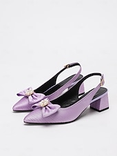 cheap Block Heels-Women&#039;s Lavender Slingback Heels with Pearl Bow - Satin Textured 1950s Vintage Style Low Block Pumps for Weddings, Garden Parties, and Spring Outfits