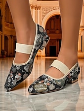 cheap 1920s-Women&#039;s Light Blue Jacquard Mary Jane Flats - Rococo Inspired Comfortable Walking Shoes with Floral Embroidery and Elastic Strap, Medieval Fairy Tale Style for Vintage Lovers, Costume Parties, and Dai