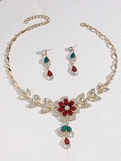 abordables Collar de mujer-Conjunto de collar y pendientes de cristal azul bañados en oro para mujer con diseño floral: elegante joyería de fiesta para eventos formales y celebraciones nocturnas.