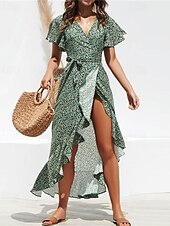 abordables Robes fleuries élégantes-Femmes Robe Midi Robe Décontractée Robe en Chiffon Robe d&#039;été Mode Extérieur Soirée Fête Coupe régulière À pois Manche Courte Col en V Blanche Jaune Rouge Vert Été Printemps