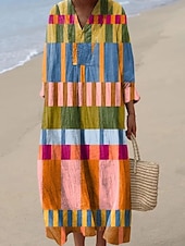 preiswerte Streifen- und geometrische Kleider-Damen Midikleid Sommerkleid A Linie Kleid Urlaub Lässig Boho Party Strand Lässiger Schnitt Grafik Geometrisch Langarm V Ausschnitt Gelb Rosa Blau Orange Sommer Frühling Herbst