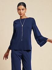 billiga Tvådelade set-Dam Vardaglig stil Chiffong Huvudstad Enfärgad / vanlig färg Dagliga kläder Datum Utekväll Illusion ärm Svart Vit Marinblå Crewneck Ren färg Ledig Långärmad Elegant Ledigt vardag Rund hals Vår